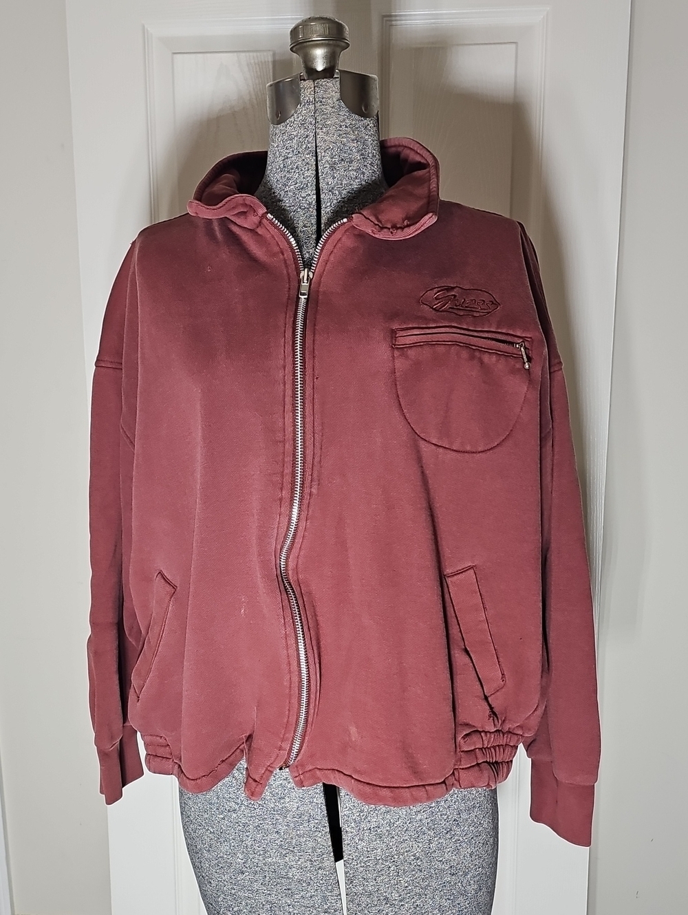 Guess Vintage Burgundy Bomber Style Zip-Up Sweatshirt Jacket Fits M-L